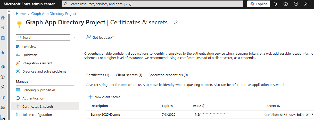 Screen snip of application credentials on the client secrets tab.
